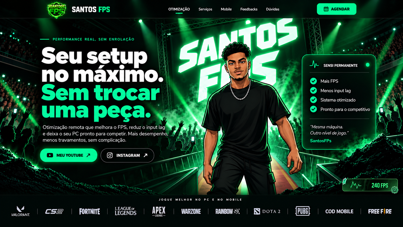 Personagem Santos FPS em um palco iluminado de verde